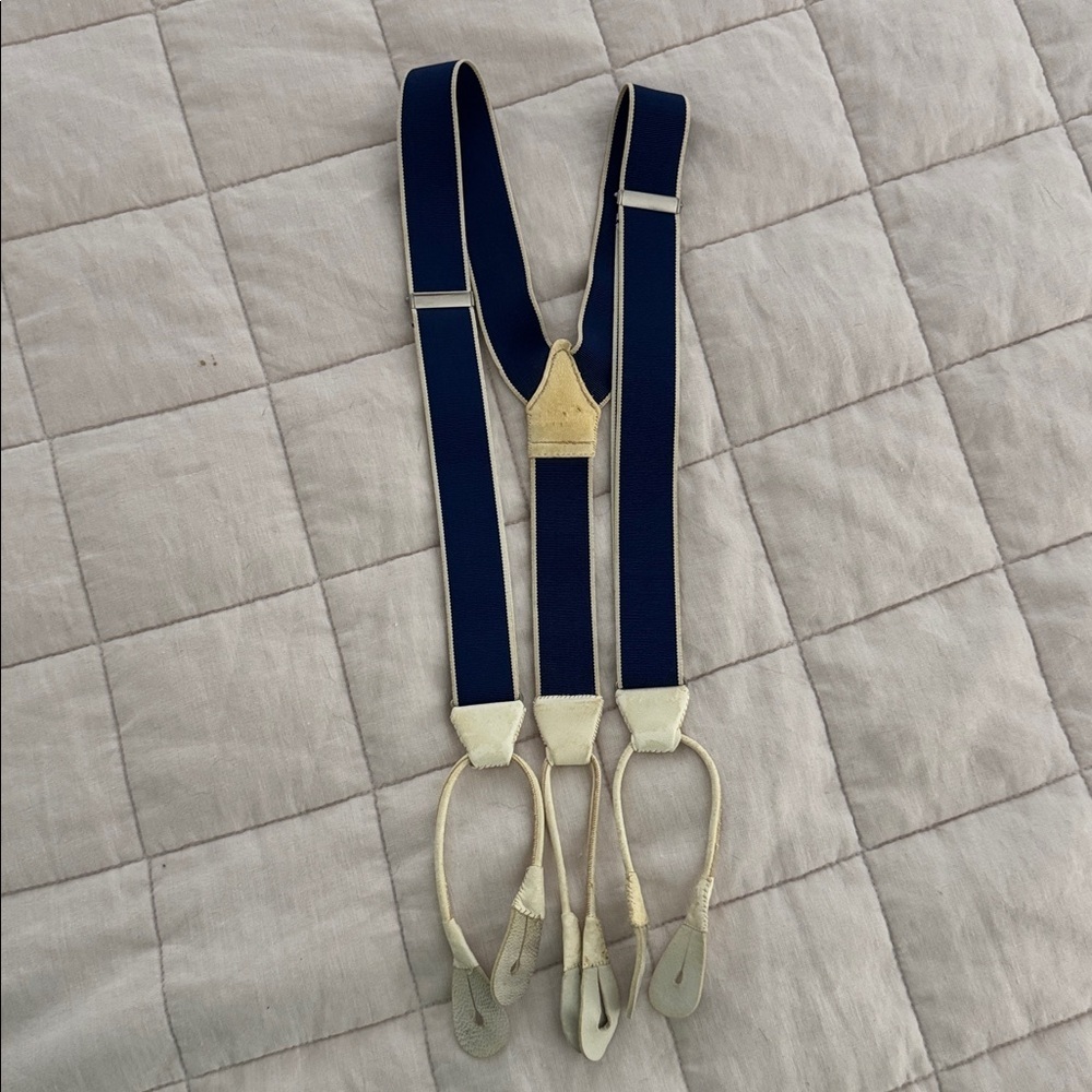 Men's Trafalgar Off White and Blue Suspenders with Leather Accents READ